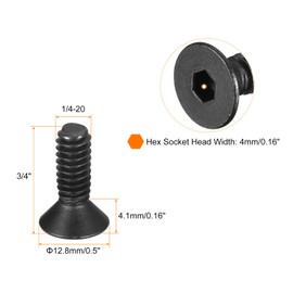 sourcing map 1/4-20x3/4" Flat Head Socket Cap Screws, 10.9 Grade Carbon Steel Hex Socket Countersunk Flat Head Screw Bolts Fasteners, Fully Threaded, Black Oxide, 20PCS