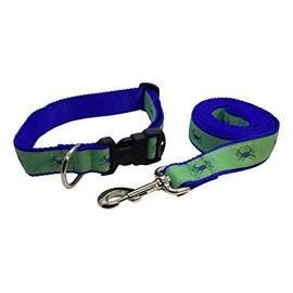 Preston Blue Crab Dog Collar and Leash Set - Blue Crab Design on Green Ribbon with Blue Nylon Webbing (Medium)