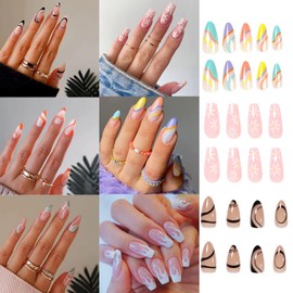 Eliongpu 6 Packs (144 Pcs) Press on Nails Medium False Almond and Square Full Cover Stick on Nail Artificial Acrylic Fake Nails DIY Manicure with Adhesive Tabs for Nail Art