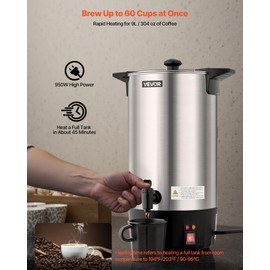VEVOR Commercial Coffee Urn, 60 Cup 9 L Hot Beverage Dispenser with Dripless Faucet, Quick-Brewing Stainless Steel Large Commercial Coffee Maker, for Catering, Business, Party, Church & Restaurant