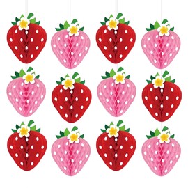 KLAZYUN KLAZYUN 12PCS Strawberry Party Decoration Honeycomb Ball, Berry Fruit Theme Party Centerpieces, Hanging Paper Decoration Supplies for Birthday and Baby Shower, 6 Red and 6 Pink