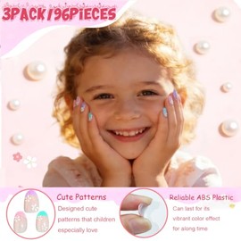 OPkssnails 96 uñas postizas para niños, 3 paquetes de uñas postizas ovaladas cortas para niñas, uñas con punta francesa coloridas y diseño de flores p