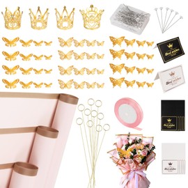 Fesorsi 20 Sheet Flower Wrapping Paper,142 Pcs Waterproof Floral Bouquet Wrapping Paper,Pink Flower Paper Wrap for Wedding Birthday Gift DIY,Florist Bouquet Paper with 3D Butterflies,Ribbons,Crowns