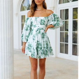 Senllen Women's Lantern Sleeve Tie Back Dress Ruffled Off The Shoulder A-Line Summer Mini Dress, White Olive Floral, Small