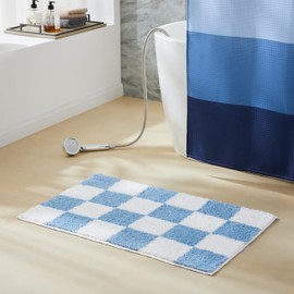 Ohocut Luxury Microfiber Checkered Bathroom Rugs, Checkerboard Bath Mat Girls Cute Aesthetic Preppy Bath Decor for Bathroom, Tub, Sink, Shower, Anti Slip, Absorbent, Washable, Light Blue, 26x16