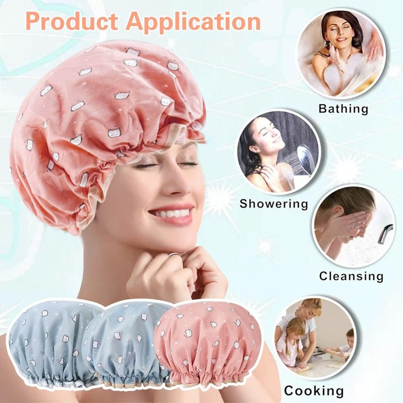 Pack of 3 Kitten Printed Shower Cap, Cute Cartoon Shower