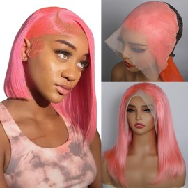 GIRLOFDREAMS Pink Color 13x6 Bob Lace Front Wig Human Hair Straight Transparent Lace Frontal Wigs Pre Plucked with Baby Hair Brazilian Remy 180 Density Pre Plucked Short Colored Wigs for Black Women