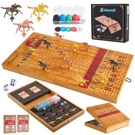 Large 23 inches Bamboo Horse Racing Board Game Foldable Horse Race Board Game with 11 Metal Horses 2 Dice 2 Decks of Cards and 100PCS Chips
