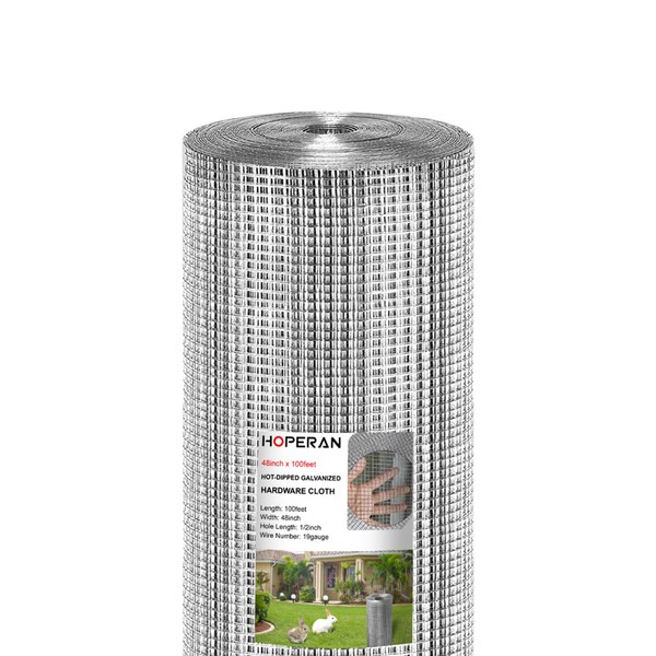HOPERAN Hardware Cloth 1/2 inch 48 x 100 Ft Mesh 19 Gauge Chicken Wire Fencing - Hot Dipped Galvanized After Welded - Wire Fence Mesh Roll for Garden Fencing Chicken Coop & Pet Enclosures