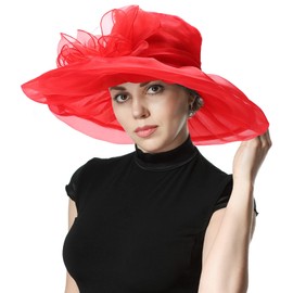 DRESHOW Women Organza Hat Church Cap Hats Cocktail Tea Party Wedding Bridal Flower Hat with Wide Brim