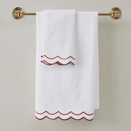 Peri Home 2 Piece Bath Towel Set, 500 GSM, 100% Cotton Towel for Bathroom, Embroidered, Soft & Absorbent, White with Chili Red Scallop