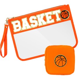 SUILU 2 Pcs Cosmetic Makeup Bag with Chenille Letter Patch,with Handles PVC Waterproof Clear Makeup Bag,Portable Toiletry Storage Bag, Basketball, 15.8 x 17 inches