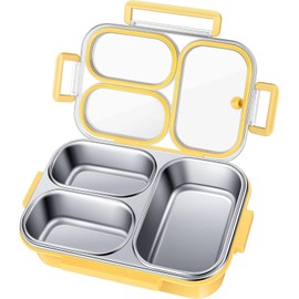 Jagney Leakproof 3 Compartment 304 Stainless Steel Lunch Box, Bento Box with Lid for School, Work, Picnic, Only Stainless Steel Tray Dishwasher Safe. (Yellow)