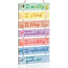 KAIRNE Motivational Saying Wooden Sign Sea Creatures Du Bist Mutig Inspired Wall Art Sign for Nursery Baby Room Decoration for Living Room Bathroom or Office Gifts for Classmates
