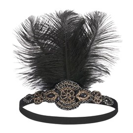 Sunshinesmile Bride Vintage 1920s Flapper Headpiece Roaring 20s Headband for Women Hair Accessory (Beaded black gold feather, one size)