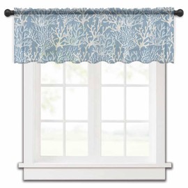 Summer Ocean Coral Valance Curtains for Kitchen/Living Room/Bathroom/Bedroom Window,Rod Pocket Small Topper Half Short Window Curtains Voile Sheer Scarf, Nautical Coastal Sea Ombre Solid Blue 42"x12"