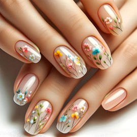 24Pcs Press on Nails Short Square Coffin,French Tip Fake Nails Short with Nude Dazzle Flower Designs Full Cover Glossy Glue on Nails Thick Acrylic False Nails Cute Stick on Nails for Women Girls DY1907-B7