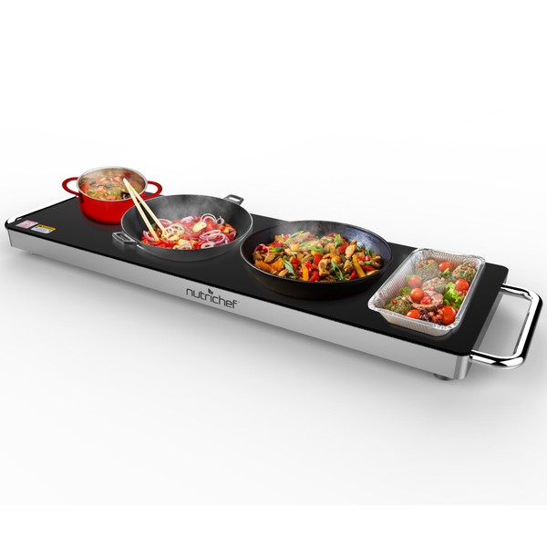 NutriChef Portable Electric Food Hot Plate-Stainless Steel Warming Tray&Dish Warmer with Black Glass Top-Keep Food Warm for Buffets,Restaurants,Parties&Home Dinners-22' x 6'-Heats up to 203°F