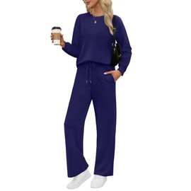WIHOLL Matching Sets Women Clothing Cruise Airport Outfits for Seniors 2025 Fall Winter Pajamas Lounge Sets Loungewear Sweat Suits for Women 2 Piece Tracksuit Wide Leg Pants Navy Blue M