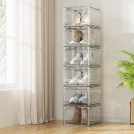 YAOBAI Shoe Box,Set of 6,Stackable Plastic Clear Shoe Box Organizer with Magnetic Door,Shoe Storage Box Thicken Sturdy,Easy Assembly,Fit up to US Size(Front opening door, Clear)