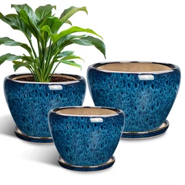 EPFamily Ceramic Plant Pots Indoor, 10 Inch 8 Inch 6 Inch Round Planters Pots for Indoor Outdoor Plants, Modern Large Flower Pots with Drainage Holes and Saucers, Set of 3, Blue