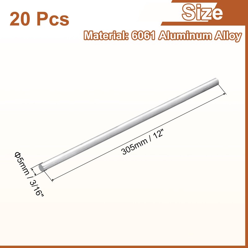 sourcing map 20Pcs 3/16"(5mm) Dia Round Aluminum Rod, 12"(305mm) Long