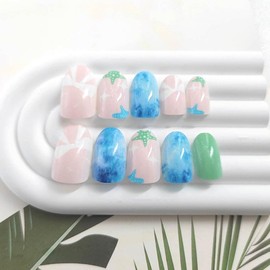 Summer Press on Nails Short Oval False Nails with Bow Star Irregular Gradient Designs Glue on Nails Press ons Light Pink Fake Nails Artificial Stick on Nails for Women 24Pcs