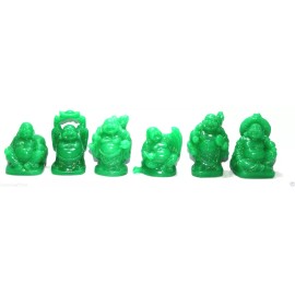 Set of 6 JADE GREEN COLOR Feng Shui Laughing HAPPY Buddha Figures & Statue Luck