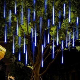 Cascada de Luces LED Navideñas para Exteriores - Azul, 6M 360 LEDs (50cm x 10 Tubos) Impermeable de Lluvia de Meteoritos, Serie de Luces Decoración para Jardín Árbol Aleros Techo Patio