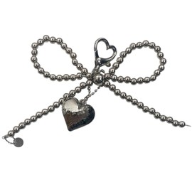 GrandslamEX Ribbon, Pearl, Heart Accessory, Charm, Keyring, Keychain, Strap, Keychain, Smartphone Pouch, AirPods Pro, Wallet, Cute, Simple, Stylish, Korean Heart Carabiner (Silver), Plastic, No