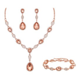 Clearine Bridal Wedding Jewellery Set Gorgeous Teardrop Crystal Statement Y-Necklace Dangle Earrings Tennis Bracelet for Women Champagne Rose Gold-Tone