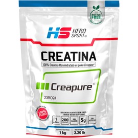 HEROSPORTS | Creatina Monohidratada Creapure® 1kg. 100% Pura. Solo 1 Ingrediente Creatina Alemana Creapure®. Vegana, Sin Azúcar, 200 porciones, 5g por porción, Incluye Scoop. Pure. Proven. Perfect.