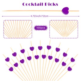 100pcs Purple Heart Cocktail Picks 4.7" Long Fruit Sticks Food Toothpicks Sandwich Appetizer Charcuterie Skewers, Made of Bamboo Wood, for Birthday, Wedding, Valentines Day Decoration Party Supplies