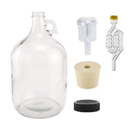 North Mountain Supply 1 Gallon Glass Fermenting Jug with Handle, Size 6.5 Rubber Stopper, 6 Bubble Airlock, 2 Piece Airlock, Black Plastic Lid, Set of 2