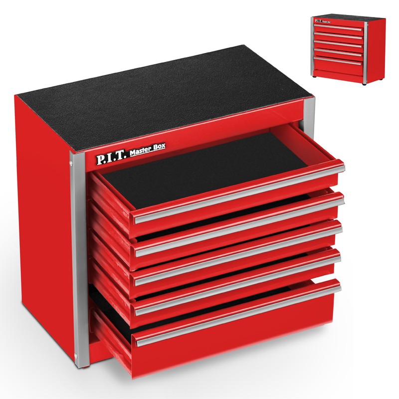 P.I.T. Mini Red Tool Box, Portable 5-Drawer Micro Roll Cab