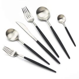 JASHII 18/10 Black Handle Flatware Silver Silverware Set 304 Stainless Steel Flatware Cutlery Set| 24-Piece Adaline Royal Modern Satin Finish| BEST Birthday Wedding Gift (Black Handle Silver 4 Sets)
