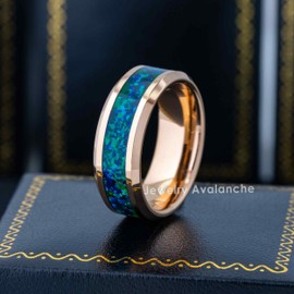 Jewelry Avalanche 8mm Men’s Rose Gold Tungsten Wedding Band - Synthetic Emerald Green Opal Inlay Comfort-Fit Beveled Edge Annviersary Ring - TN881s10.5
