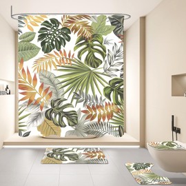 ANQSYY - Juego de 4 cortinas de ducha de hoja de tortuga verde, decoración de baño bohemio con alfombra, cubierta de tapa de inodoro y alfombrilla de baño, estampado de hoja de palma tropical Monstera