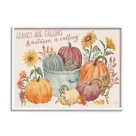Stupell Industries Leaves Falling Autumn is Calling Phrase Pumpkin Baskets White Framed Wall Art, 20 x 16, Orange