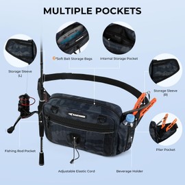 KastKing BaitSpace Waist Bag – Waterproof Tackle Storage Bag With Adjustable Belt, Fishing Fanny Pack for Men, Soft Bait Organizer, 3600 Utility Box, Rod Holder, Nylon, Blue Camo