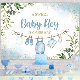 Sensfun Cute Clothes Baby Shower Backdrop for Boys A Sweet Baby Boy is On His Way Banner Greenery Eucalyptus Leaves Welcome Baby Boy Baby Shower Party Decorations Banner Photo Booth Props 7x5ft