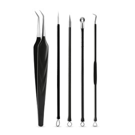 FVION 5 Pieces Blackhead Remover Comedone Squeezer Set, Pimple Expressing Tool, Tweezers, Blackhead Remover with Acne Tool for Nose Face Care - Black