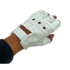 Men's Lightweight White Leather Fingerless Gloves Bikers Protective Rockers Glove (Large)