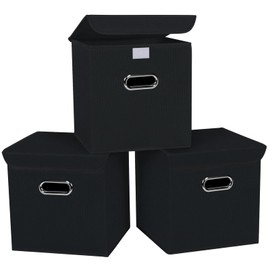 STOREONE Foldable Storage Bins Cubes Storage Organizer With Lid,Fabric Cube Storage Box With Handle,For Home Bedroom Office,Closet, Clothes, Toys,3 Pack,（Black