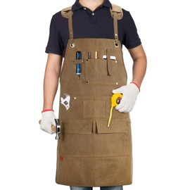UPROZIL Work Apron with 12 Tool Pockets, Woodworking Apron with Thick Canvas Fabric, Shoulder Pads, Cross Back Strap Carpenters Apron Tool Apron Workshop Woodwork Gifts for Men Women