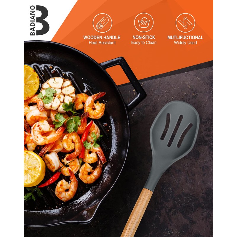 Large Silicone Cooking Spoons, 2 Pack Nonstick Solid and Slotted