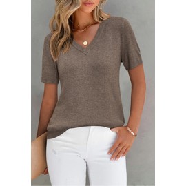 Arach&Cloz Sweater for Women 2025 Spring Fashion Clothes V Neck Short Sleeve Summer Cute Tops Dressy Business Casual Trendy Teacher Outfits Cashmere Ladies Shirts Coffee