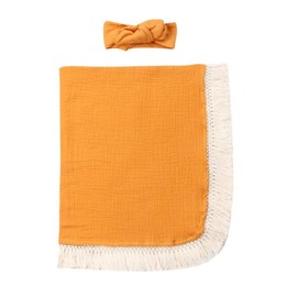 StylesILove Newborn Infant Baby Girl Solid Color Cotton Muslin Lightweight Wrap Soft Swaddle Blanket with Tassel Design and Matching Headband 2pcs (Mustard)