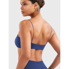 YEOREO Women's Spaghetti Strap Sports Bra Enidy Square Neck Yoga Wireless Low Impact Padded Seamless Cami Crop Top Poster Blue L
