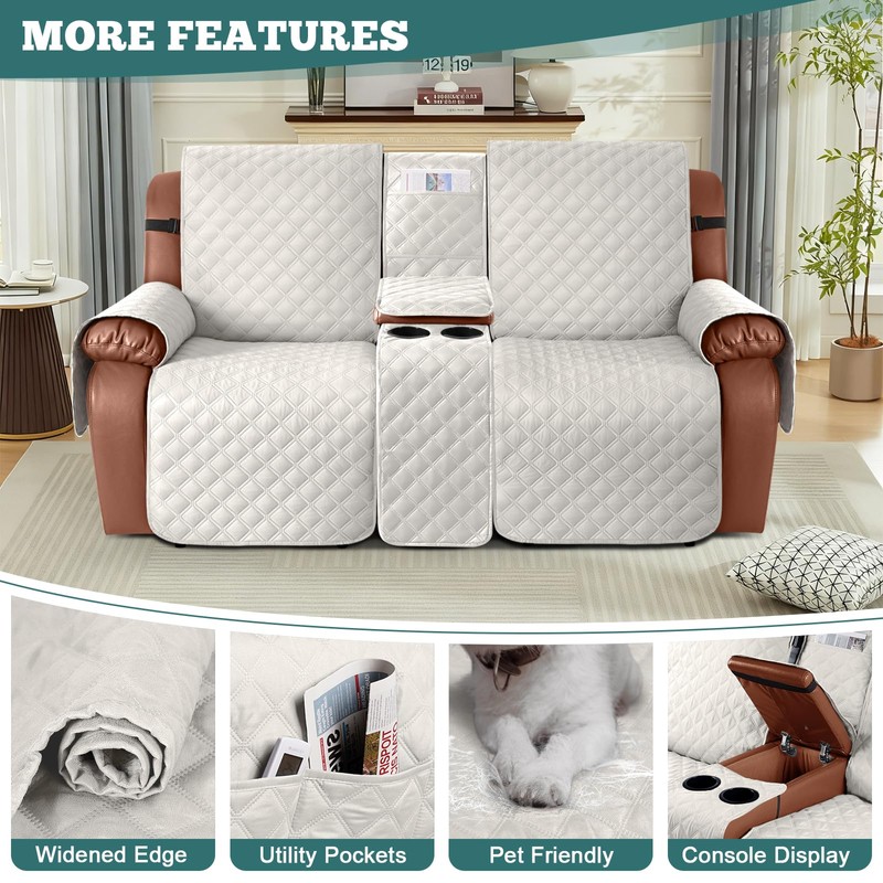 Ruaozz Waterproof Loveseat Recliner Cover with Console Non-Slip Reclining Couch